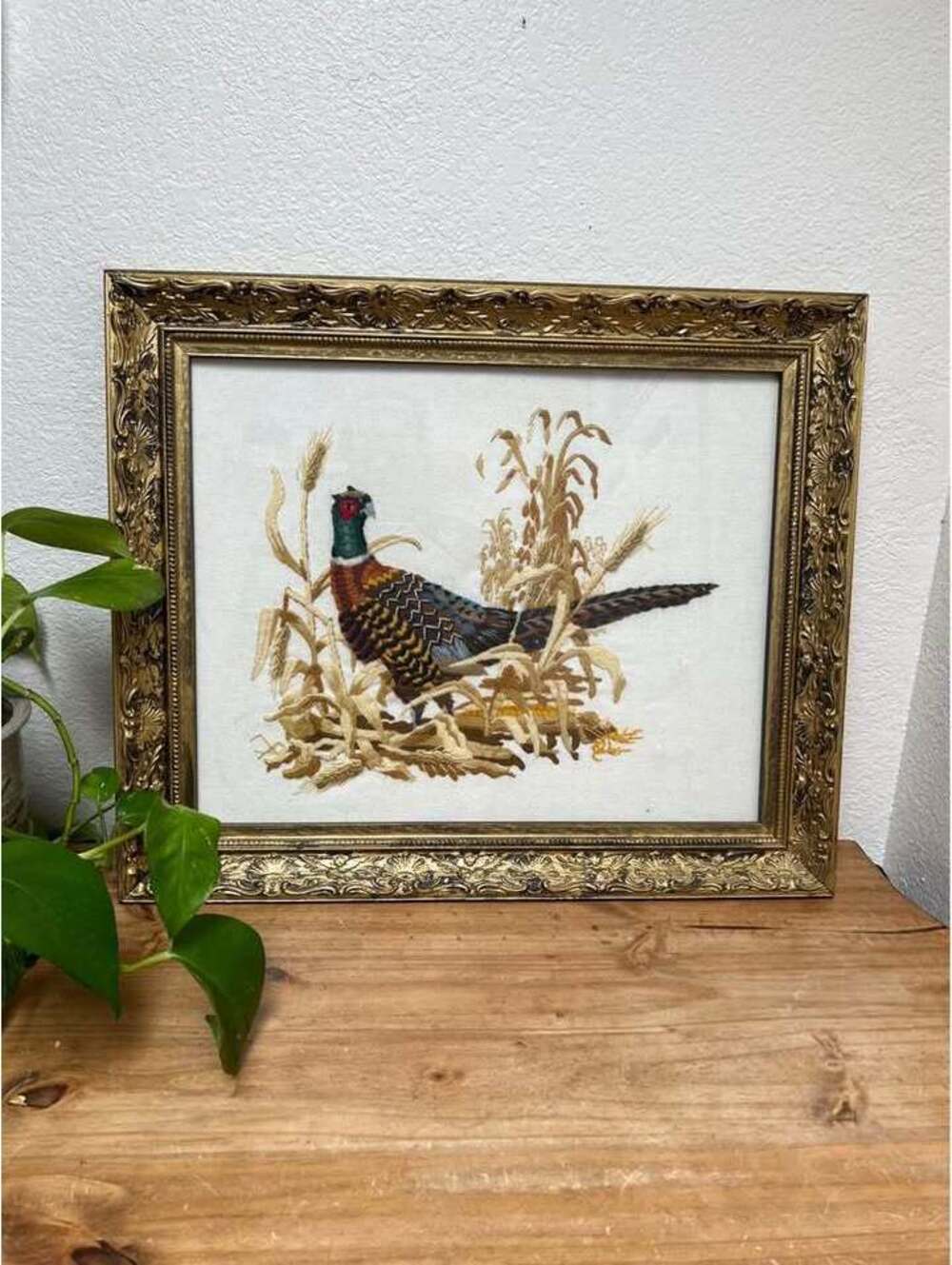 Vtg Crewel Embroidery Pheasant Framed Art Western Country Hunting Cottagecore